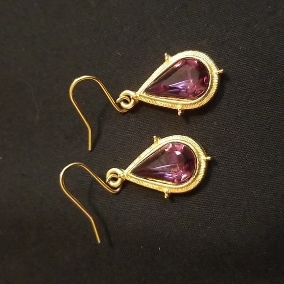 Teardrop Hanging Gold Purple Earrings - Picture 2 of 4